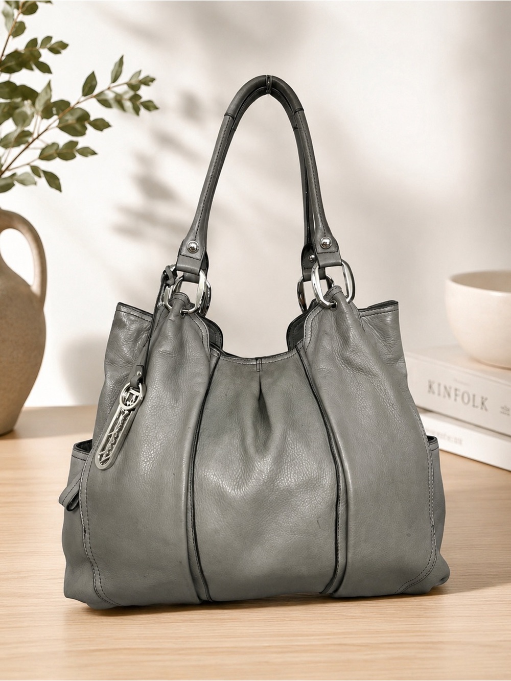 B. Makowsky Gray Pebbled Leather Hobo Shoulder Tote Bag Large Silver Hardware